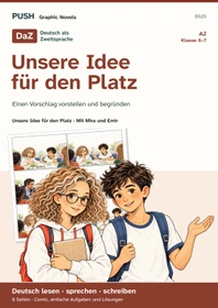 Cover: DaZ A2: Unsere Idee für den Platz – Comic, Aufgaben und Lösungen